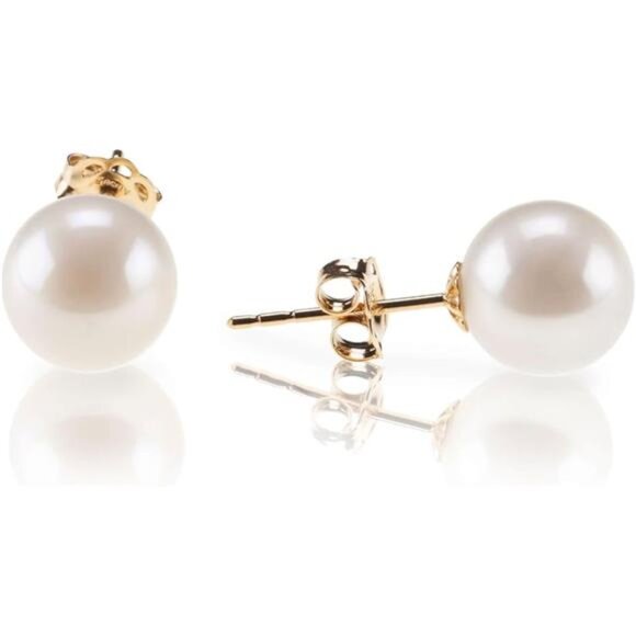 18K Gold Plated Sterling Silver Round Stud White Simulated Shell Pearl Earrings - Picture 6 of 6